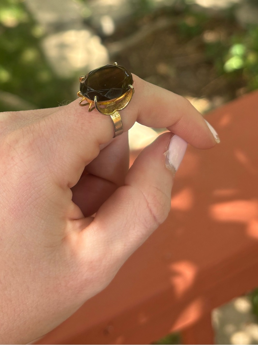 Vintage Sterling Silver Sz 6.5 Smoky Quartz Oval Statement Ring Large Gold Tone - Picture 7 of 10